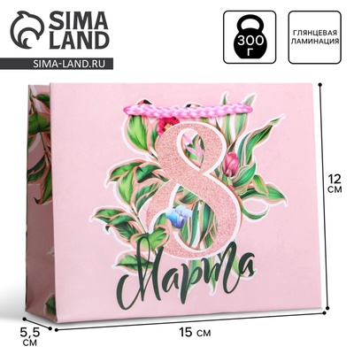 Пакет подарочный ламинированный, упаковка, «8 марта», S 12×15×5.5 см