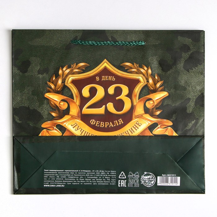 Пакет подарочный ламинированный горизонтальный, упаковка, «С 23 февраля», ML 25х 21 х 8 см - фото 1908778773