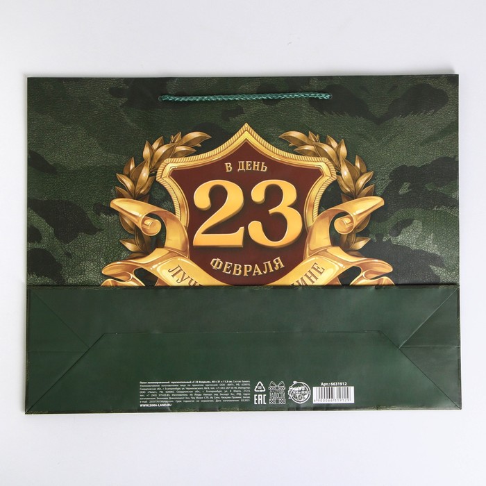 Пакет подарочный ламинированный горизонтальный, упаковка, «С 23 февраля», L 28 х 38 х 9 см - фото 1927777648
