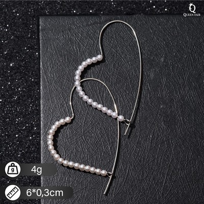 Серьги с жемчугом «Сердечки» незакрытые, цвет белый в серебре