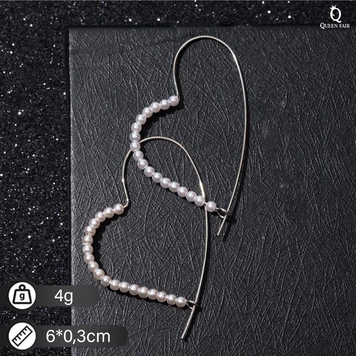 Серьги с жемчугом «Сердечки» незакрытые, цвет белый в серебре - Фото 1