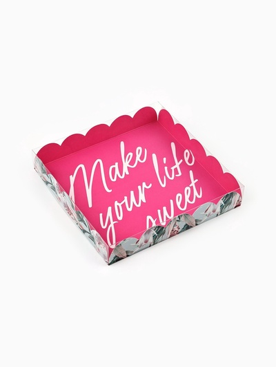 Коробка для печенья, кондитерская упаковка с пластиковой крышкой, Make your life sweet, 18×18×3 см