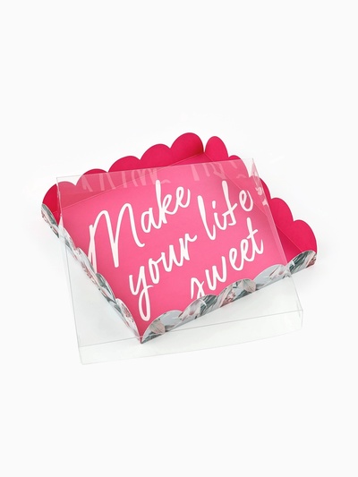 Коробка для печенья, кондитерская упаковка с пластиковой крышкой, Make your life sweet, 18×18×3 см