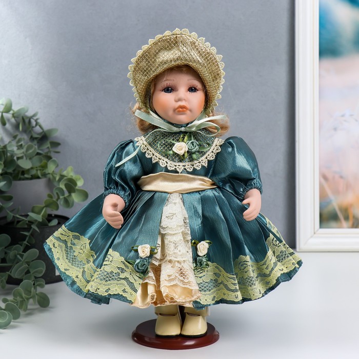 Кукла коллекционная керамика "Танечка в платье цвета морской волны и чепчике" 30 см - Фото 1