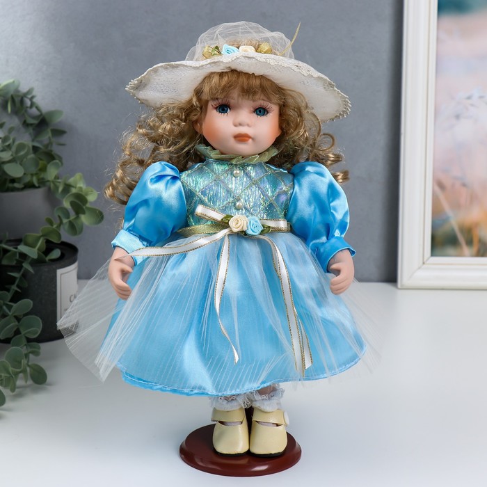 Кукла коллекционная керамика "Наташа в нежно-голубом платье в шляпке" 30 см - фото 1895575032