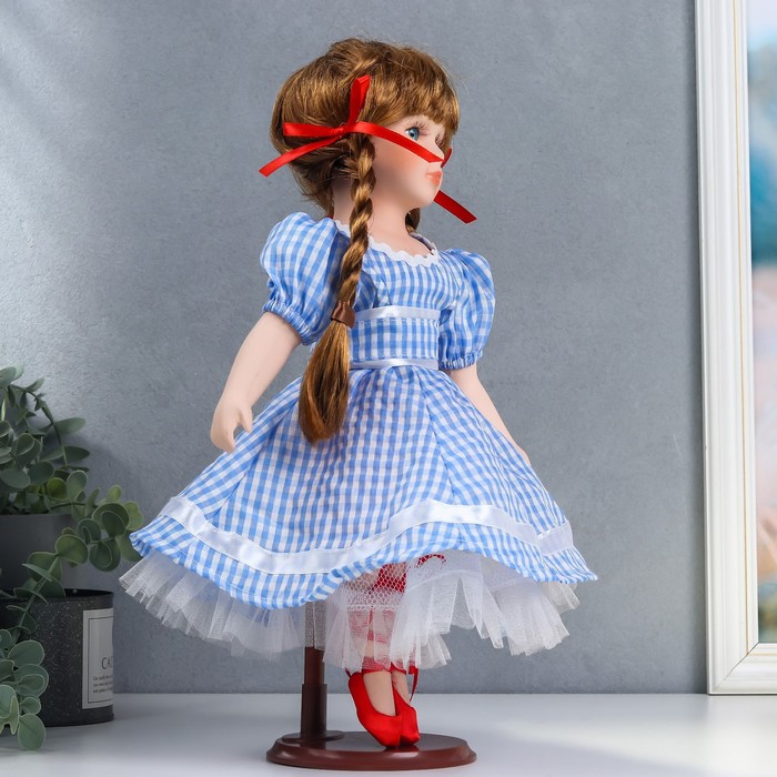 Кукла коллекционная керамика "Мила в синем платье в мелкую клетку" 40 см - фото 1897050913