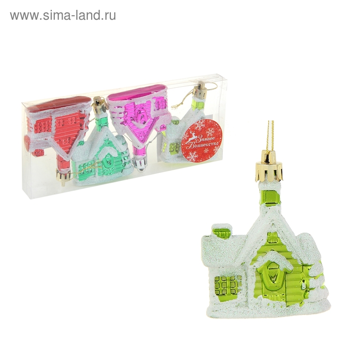 Украшение ёлочное "Домик в снегу" (набор 4 шт) 6,5 см - Фото 1