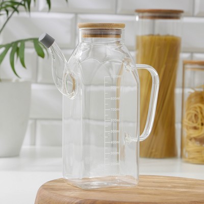 Кувшин для воды стеклянный мерный с бамбуковой крышкой «Эко», 1 л, 9×22.5 см