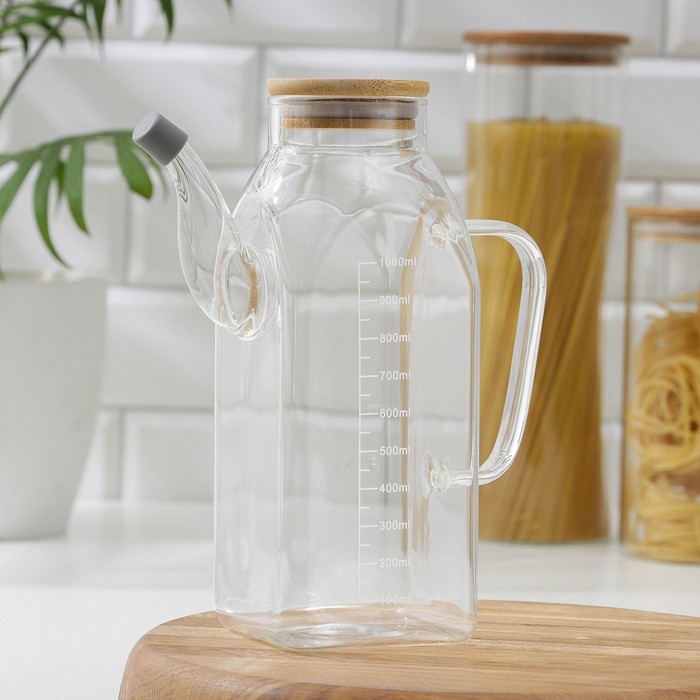 Кувшин для воды стеклянный мерный с бамбуковой крышкой «Эко», 1 л, 9×22.5 см - Фото 1