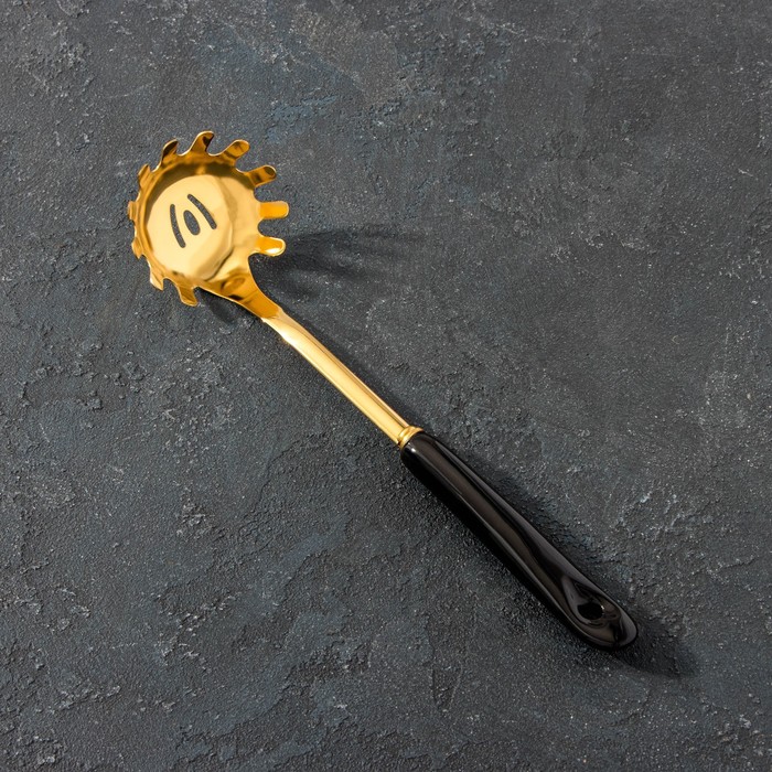 Ложка для спагетти из нержавеющей стали Base, 30×8×6 см, цвет ручки чёрный, цвет металла золотой