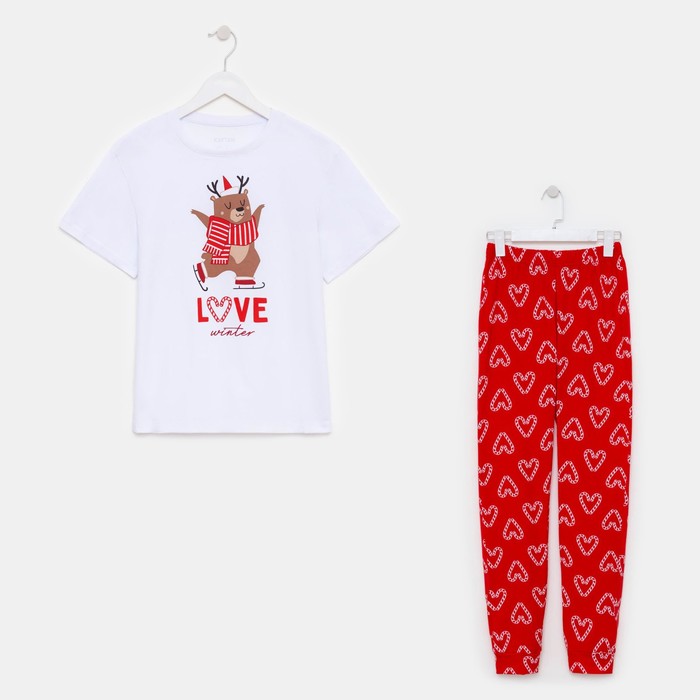 Пижама новогодняя женская (футболка и брюки) KAFTAN Love, цвет белый/красный, размер 48-50
