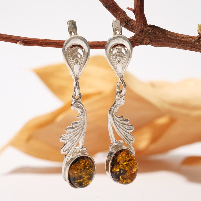 Серьги «Янтарь» крылья, цвет коньячный в серебре - Фото 1