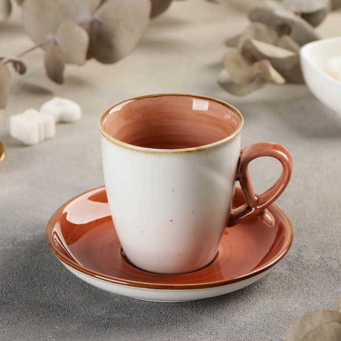 Чайная пара керамическая «Аура», 2 предмета: чашка 200 мл, блюдце d=13 см, цвет оранжевый - Фото 1