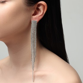Серьги висячие со стразами "Водопад" мини квадрат, цвет белый в серебре