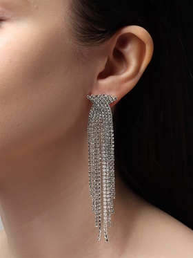 Серьги висячие со стразами «Водопад» бантик, белые в серебре,10 см