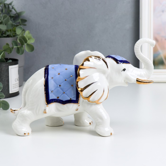 Сувенир керамика "Белый слон с попоной с кисточками" синий с золотом 21х14х8,5 см - Фото 1