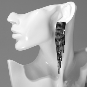 Серьги висячие со стразами "Водопад" на квадрате, цвет чёрный в серебре