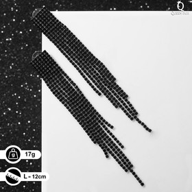 Серьги висячие со стразами "Водопад" на прямоугольнике, цвет чёрный в серебре, 8 см