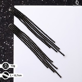 Серьги висячие со стразами "Водопад" на прямоугольнике, цвет чёрный в сером металле, 12,7см