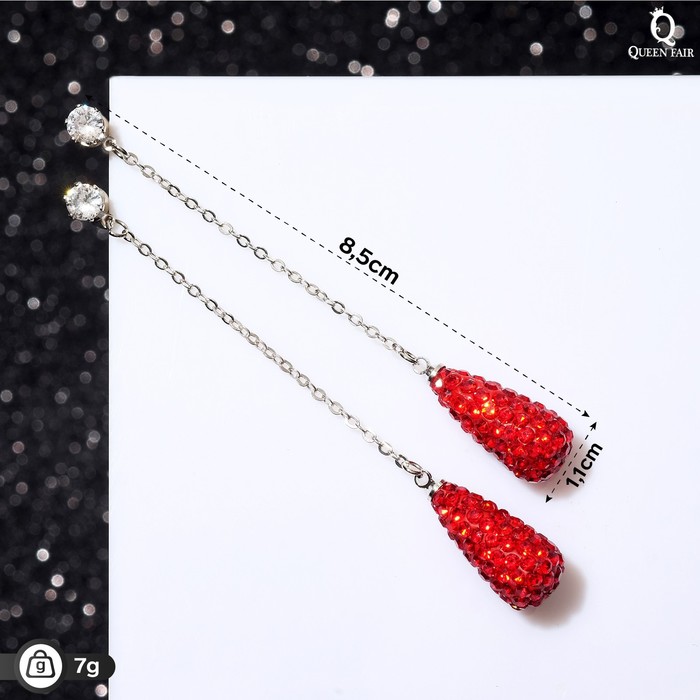 Серьги висячие со стразами «Студио» цепочка, цвет красный в серебре - Фото 1