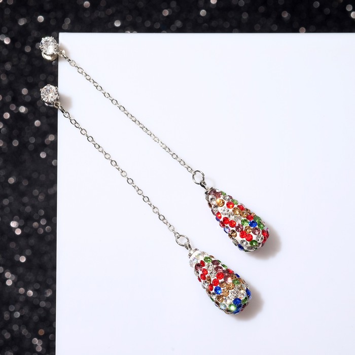 Серьги висячие со стразами «Студио» цепочка, цветной в серебре - Фото 1