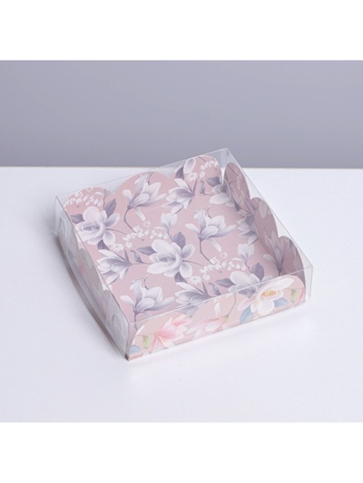 Коробка для печенья, кондитерская упаковка с пластиковой крышкой, «Цветы», 10.5 х 10.5 х 3 см