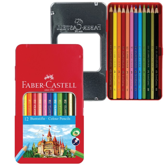Карандаши цветные Faber-Castell "Замок", 12 цветов, шестигранные, заточенные, в металлической коробке - Фото 1
