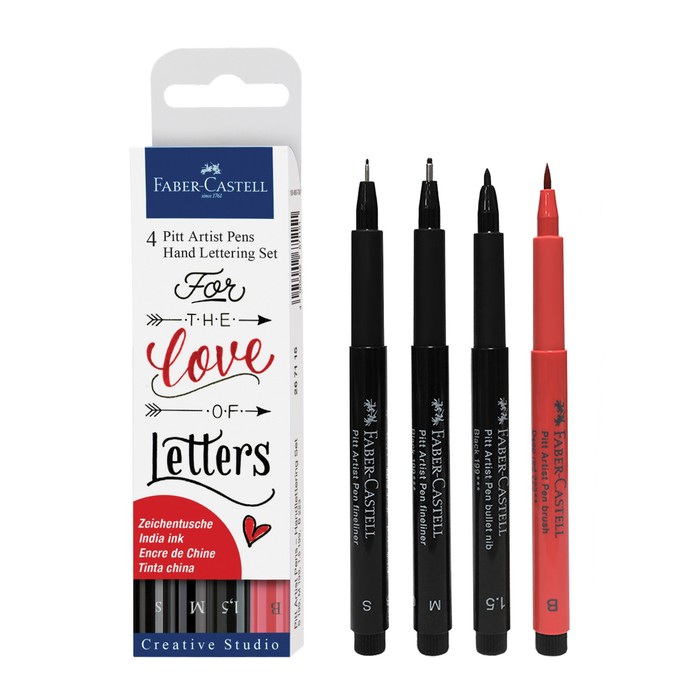 Набор капиллярных ручек Faber-Castell Pitt Artist Pen Lettering 4 штуки, 0,3/0,7/1,5 мм /Brush - Фото 1