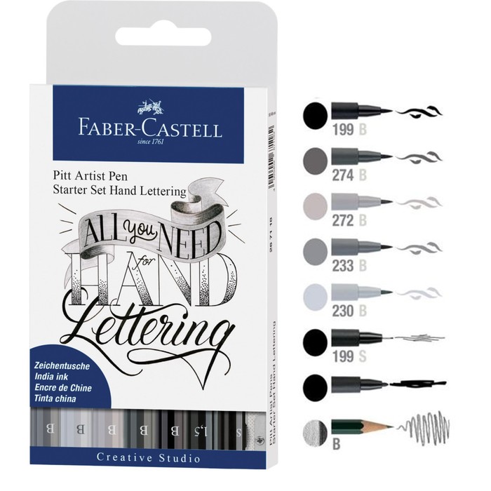 Набор капиллярных ручек для Леттеринга Pitt Artist Pen Lettering 7 предметов: (ручка-кисть 6 цветов оттенки серого, механический карандаш 0.5, точилка), Faber-Castell