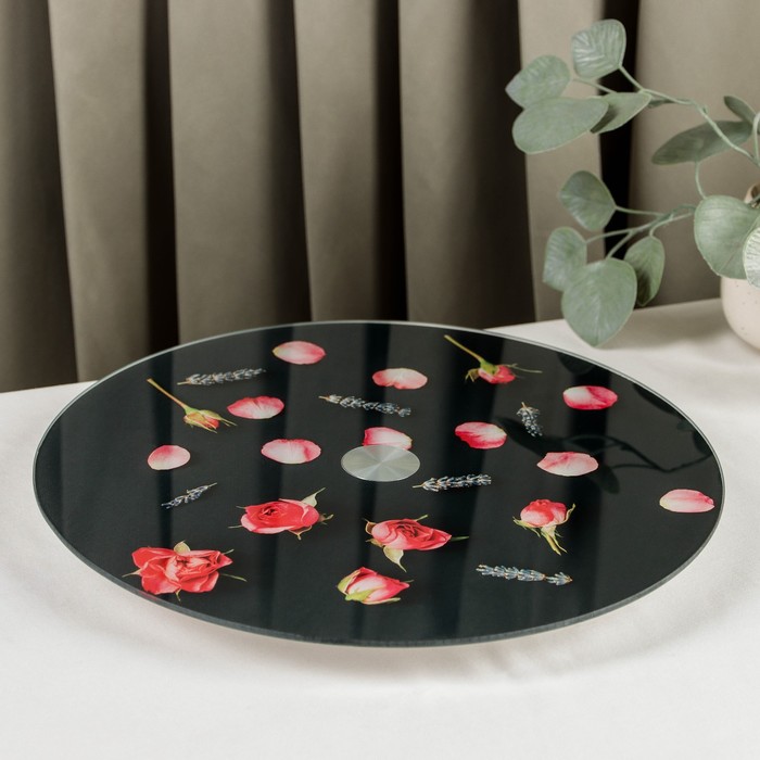 Подставка стеклянная для торта вращающаяся Magistro «Розы на чёрном», d=32 см, цвет чёрный - Фото 1