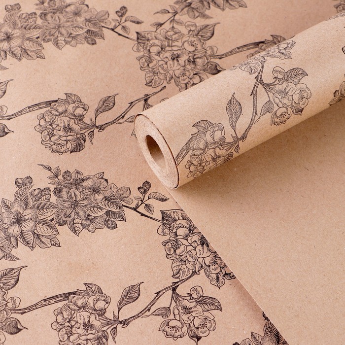 Бумага упаковочная крафтовая бурая «Flowers», в рулоне 0,68 x 8 м - Фото 1