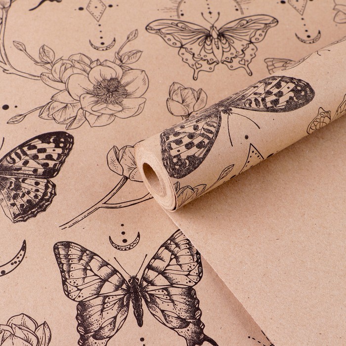 Бумага упаковочная крафтовая бурая «Бабочки», в рулоне 0,68 x 8м - Фото 1