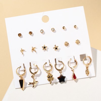 Набор серьги 9 пар «Цацки» клевер, звезда, ласточки, цветные в золоте