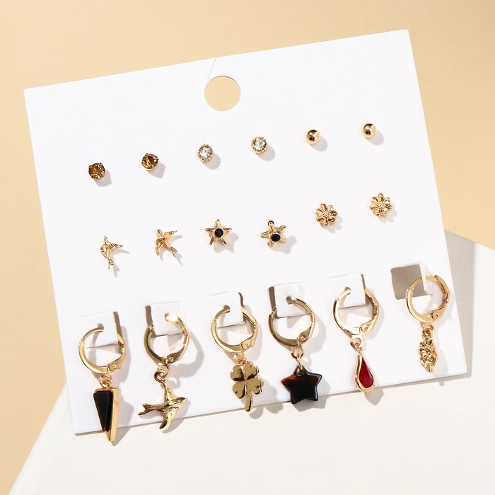 Набор серьги 9 пар «Цацки» клевер, звезда, ласточки, цветные в золоте - Фото 1