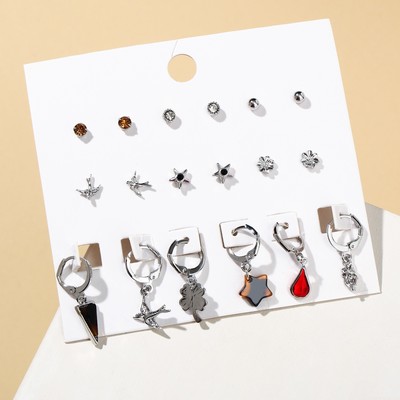 Набор серьги 9 пар «Цацки» клевер, звезда, ласточки, цветные в серебре