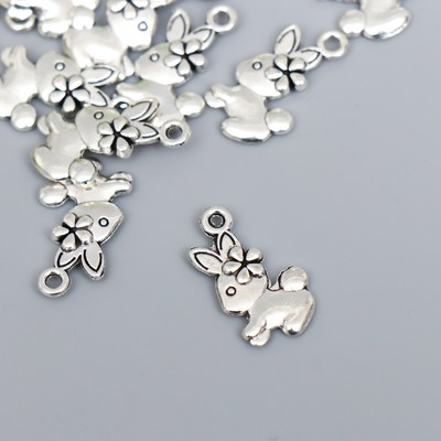 Декор металл для творчества «Зайка с цветочком», серебро, 1.8×1 см