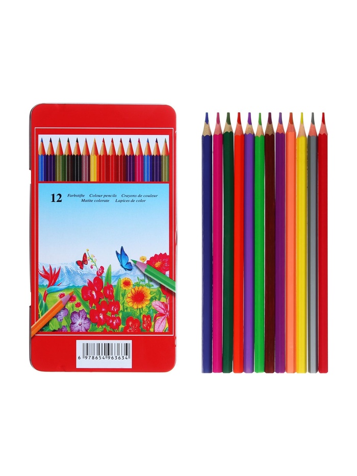 Карандаши цветные акварельные 12 цветов, корпус деревянный, шестигранные, в металлической коробке - Фото 1