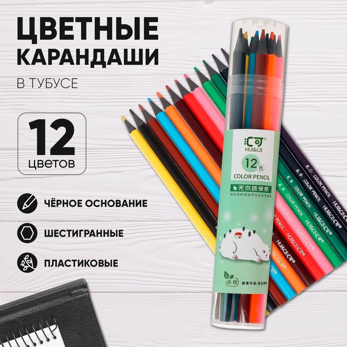 Карандаши 12 цветов в тубусе, шестигранные, пластиковые - Фото 1