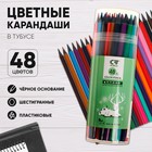 Карандаши цветные 48 цветов в тубусе, корпус шестигранный (пластиковые) чёрное основание - Фото 1