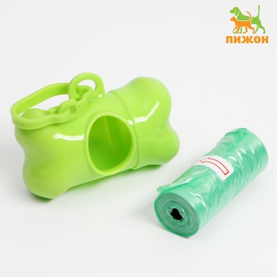 Контейнер-косточка с мешками для уборки (рулон 15 пакетов 29х21 см), зелёный