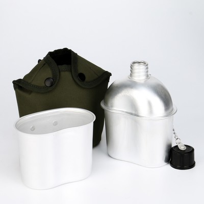 Фляжка армейская походная Adventure 0.8 л для воды, с котелком, металл, зелёный чехол