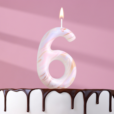 Свеча в торт "Белый мрамор", цифра "6", ГИГАНТ, 9 см