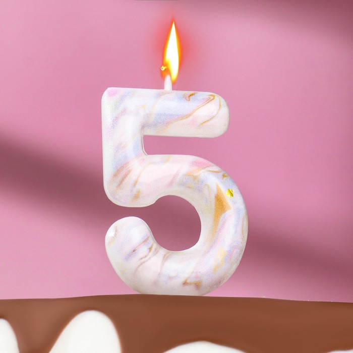 Свеча в торт "Белый мрамор", цифра "5", 5,5 см - Фото 1