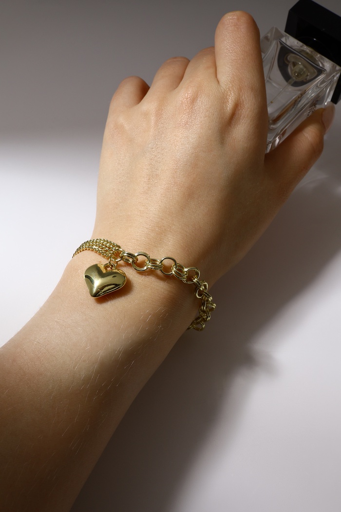 Браслет металл «Цепь» сердце объёмное, цвет золото, L=18 см - Фото 1