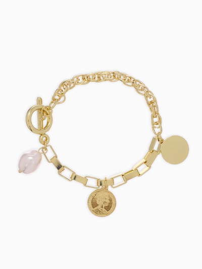 Браслет цепочка «Жемчуг и медальон», L=20 см, белый в золоте