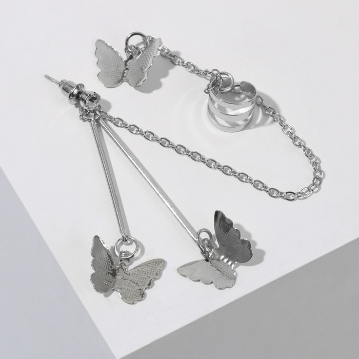 Серьга «Кафф» бабочка, цвет серебро - фото 1907326791