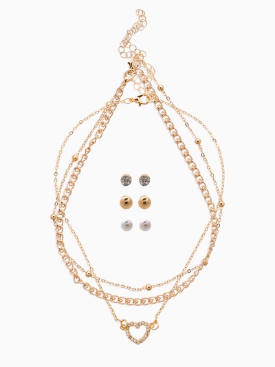 Набор 2 предмета: 3 колье, 3 пары пусет «Эстетика» сердце, цвет белый в золоте, 32 см