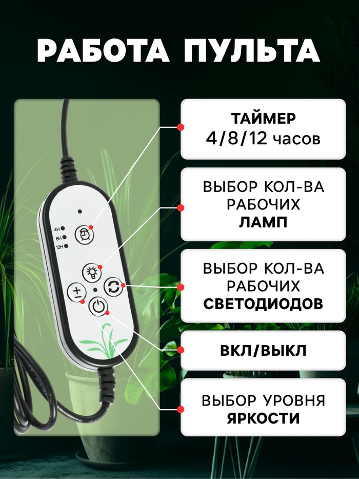 Фитосветильник светодиодный, 9 Вт, 250 мм, IP66, 5 В, USB, полноспектр., прищепка, таймер - фото 1907326931