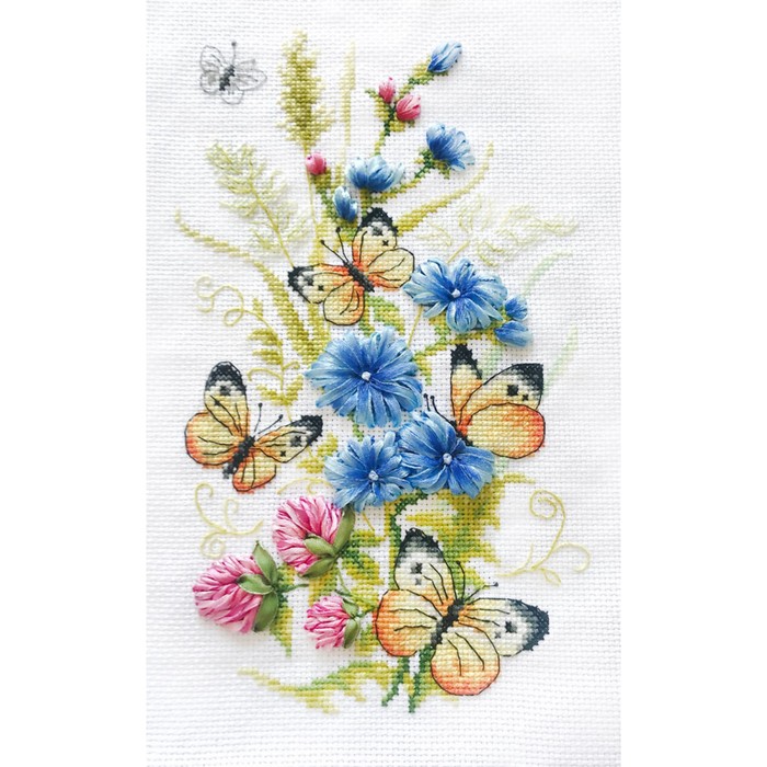Набор для вышивки лентами и счетным крестом «Цикорий и бабочки»,15×25 см