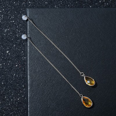 Серьги висячие «Цепочки» капля в огранке, цвет жёлтый в серебре